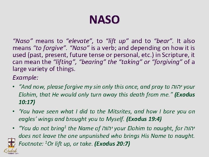 NASO “Naso” means to “elevate”, to “lift up” and to “bear”. It also means