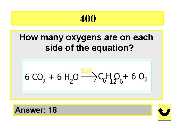 400 How many oxygens are on each side of the equation? Answer: 18 