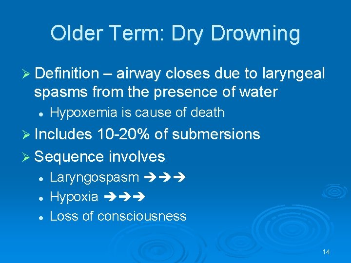 Older Term: Dry Drowning Definition – airway closes due to laryngeal spasms from the