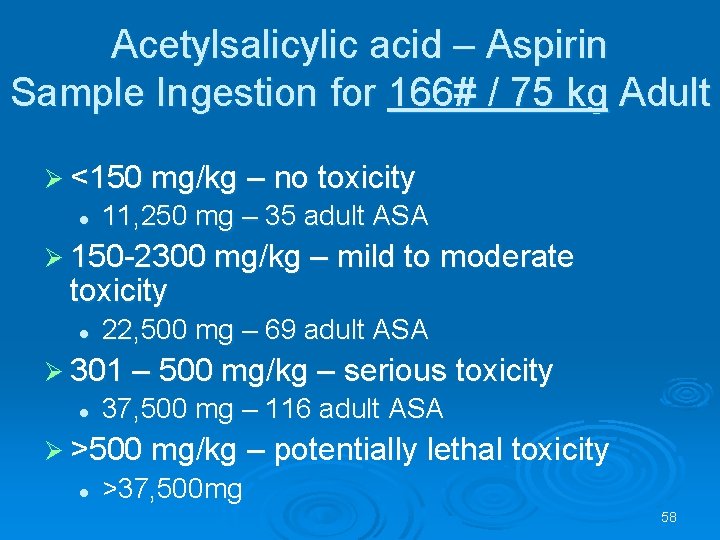 Acetylsalicylic acid – Aspirin Sample Ingestion for 166# / 75 kg Adult <150 mg/kg