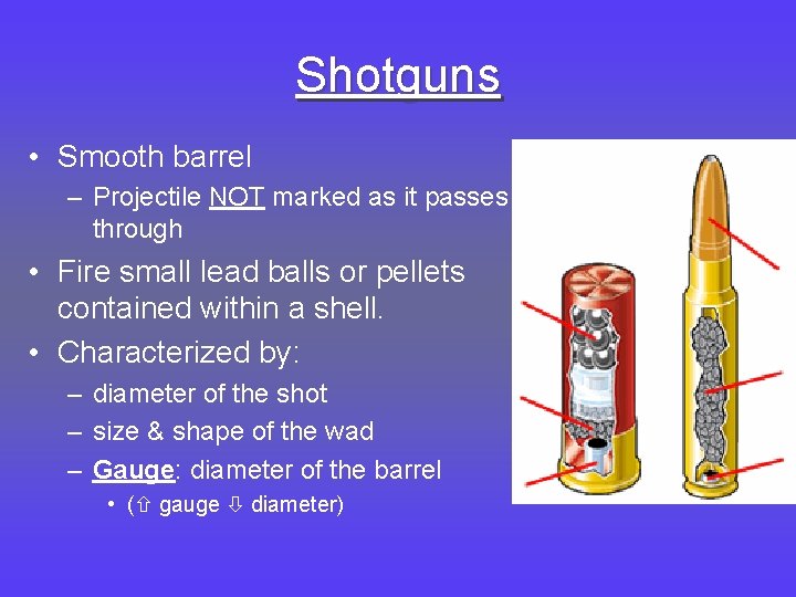 Shotguns • Smooth barrel – Projectile NOT marked as it passes through • Fire
