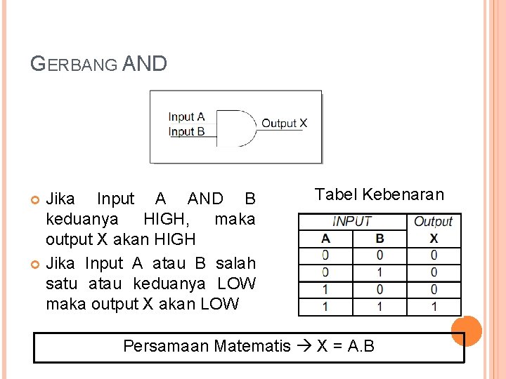 GERBANG AND Jika Input A AND B keduanya HIGH, maka output X akan HIGH