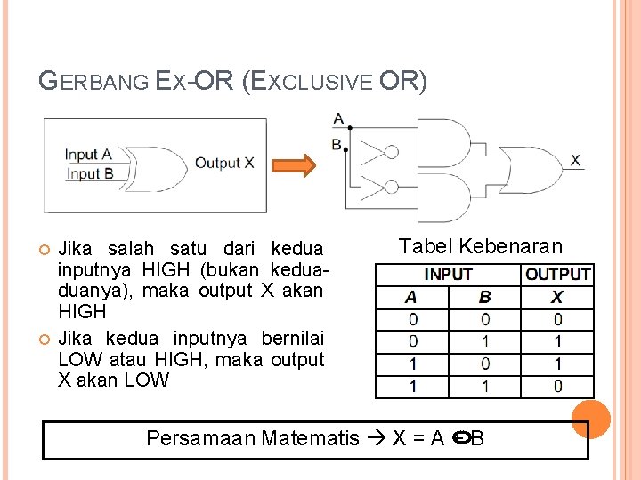 GERBANG EX-OR (EXCLUSIVE OR) Jika salah satu dari kedua inputnya HIGH (bukan keduaduanya), maka