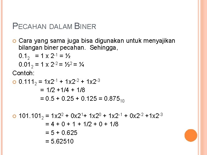 PECAHAN DALAM BINER Cara yang sama juga bisa digunakan untuk menyajikan bilangan biner pecahan.