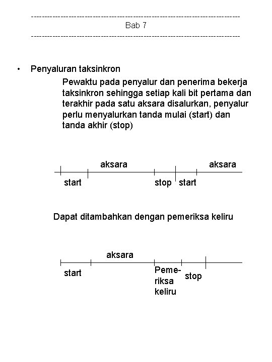 ---------------------------------------Bab 7 --------------------------------------- • Penyaluran taksinkron Pewaktu pada penyalur dan penerima bekerja taksinkron sehingga