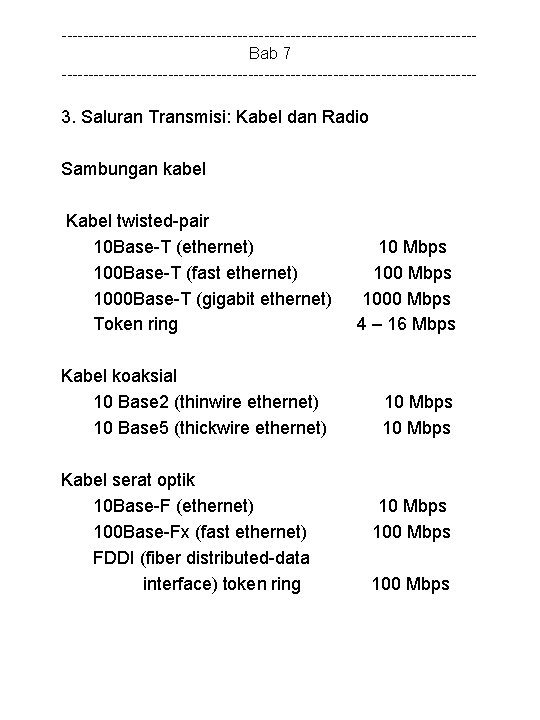 ---------------------------------------Bab 7 --------------------------------------- 3. Saluran Transmisi: Kabel dan Radio Sambungan kabel Kabel twisted-pair 10