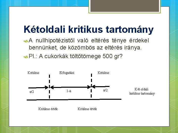 Kétoldali kritikus tartomány A nullhipotézistől való eltérés ténye érdekel bennünket, de közömbös az eltérés