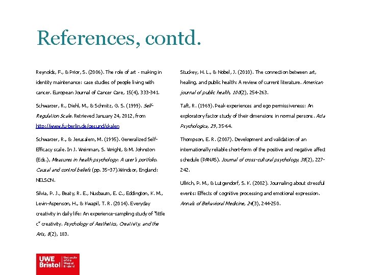 References, contd. Reynolds, F. , & Prior, S. (2006). The role of art‐making in