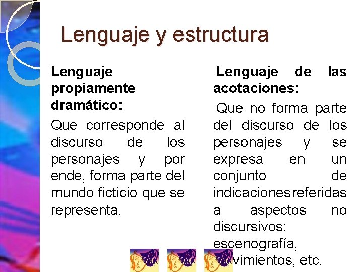 Lenguaje y estructura Lenguaje propiamente dramático: Que corresponde al discurso de los personajes y