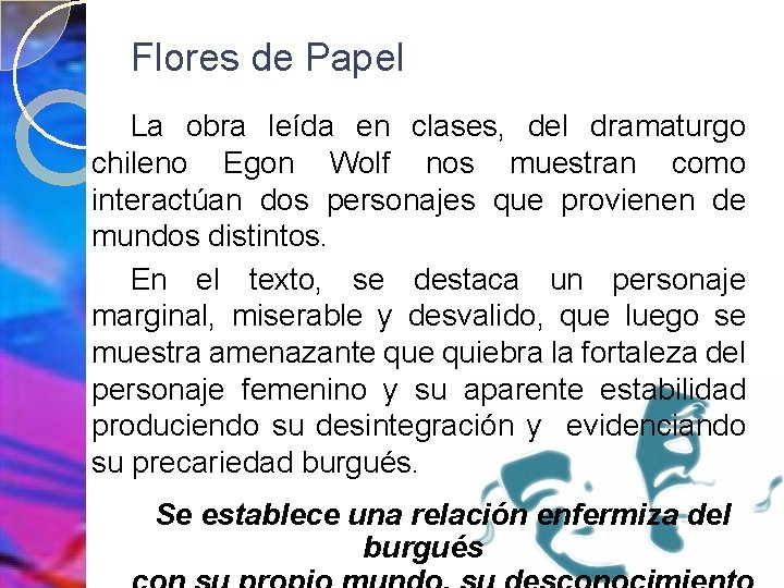 Flores de Papel La obra leída en clases, del dramaturgo chileno Egon Wolf nos