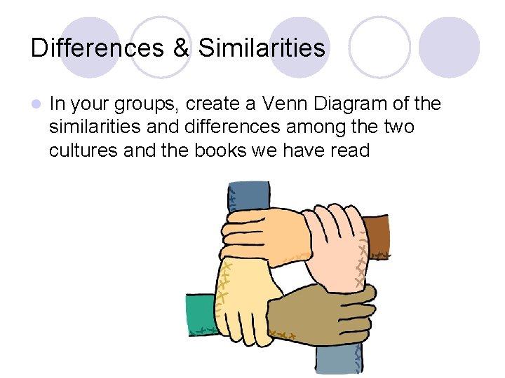 Differences & Similarities l In your groups, create a Venn Diagram of the similarities