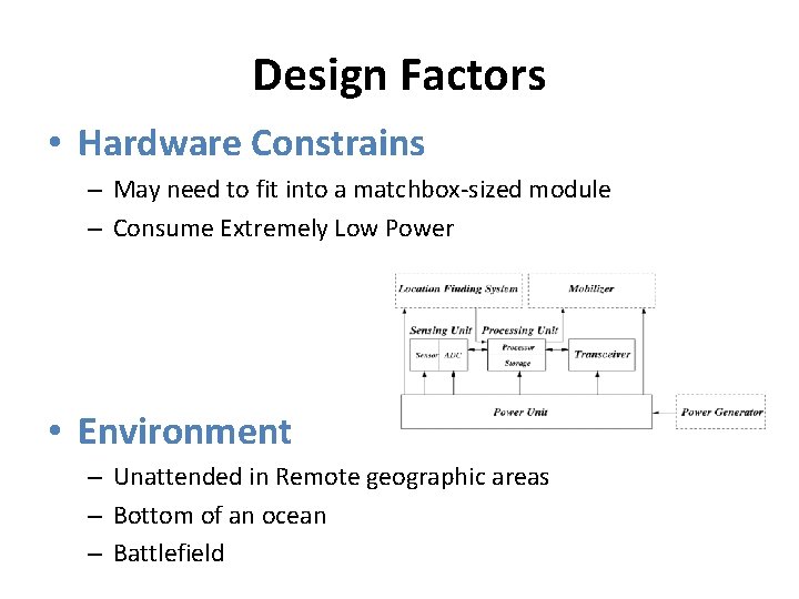 Design Factors • Hardware Constrains – May need to fit into a matchbox-sized module