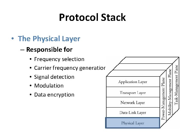 Protocol Stack • The Physical Layer – Responsible for • • • Frequency selection