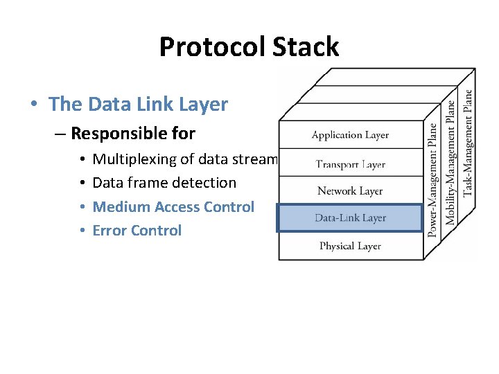 Protocol Stack • The Data Link Layer – Responsible for • • Multiplexing of