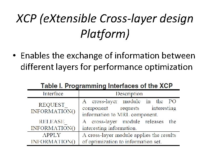 XCP (e. Xtensible Cross-layer design Platform) • Enables the exchange of information between different