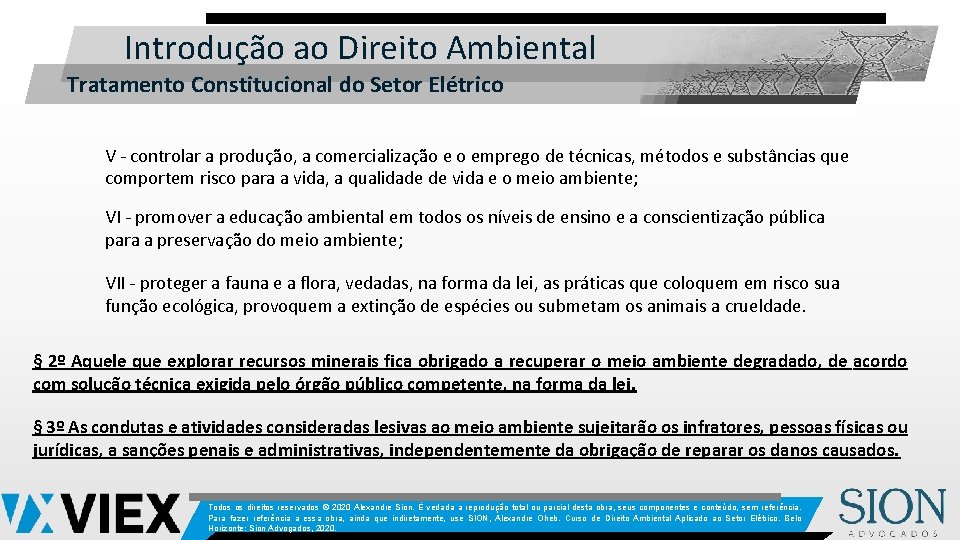  Introdução ao Direito Ambiental Tratamento Constitucional do Setor Elétrico V - controlar a