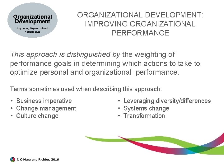  Organizational Development Improving Organizational Performance ORGANIZATIONAL DEVELOPMENT: IMPROVING ORGANIZATIONAL PERFORMANCE This approach is