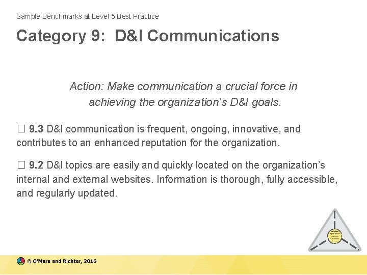 Sample Benchmarks at Level 5 Best Practice Category 9: D&I Communications Action: Make communication