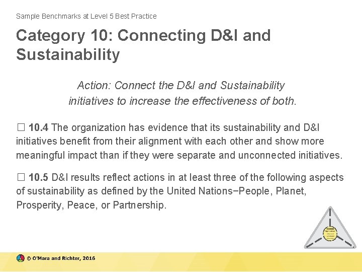 Sample Benchmarks at Level 5 Best Practice Category 10: Connecting D&I and Sustainability Action: