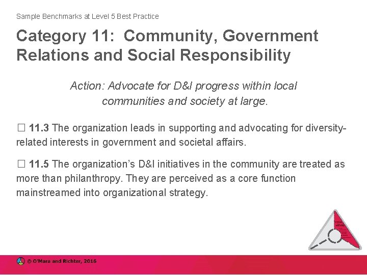 Sample Benchmarks at Level 5 Best Practice Category 11: Community, Government Relations and Social