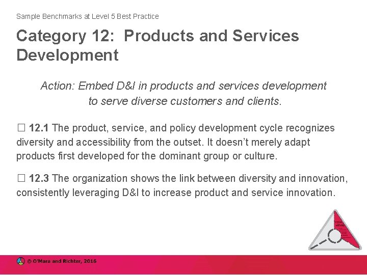 Sample Benchmarks at Level 5 Best Practice Category 12: Products and Services Development Action: