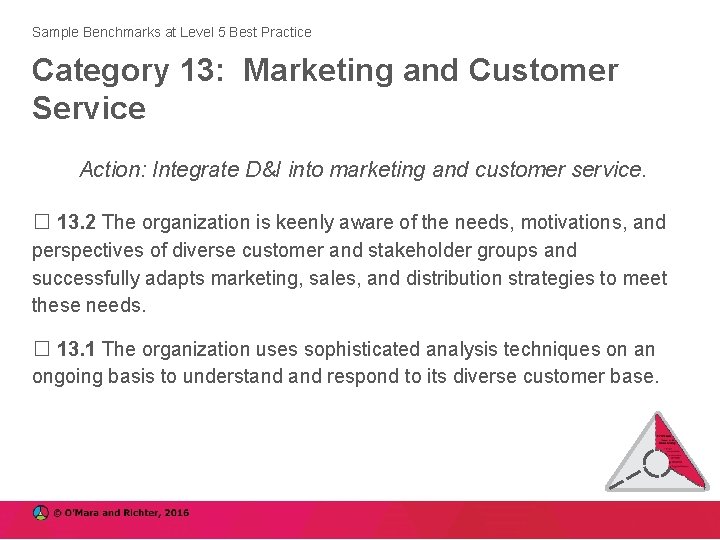 Sample Benchmarks at Level 5 Best Practice Category 13: Marketing and Customer Service Action: