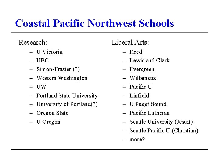 Coastal Pacific Northwest Schools Research: – – – – – U Victoria UBC Simon-Frasier