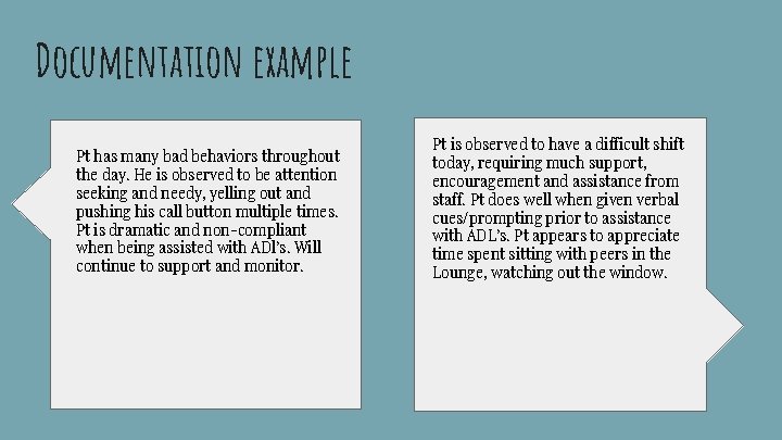 Documentation example Pt has many bad behaviors throughout the day. He is observed to