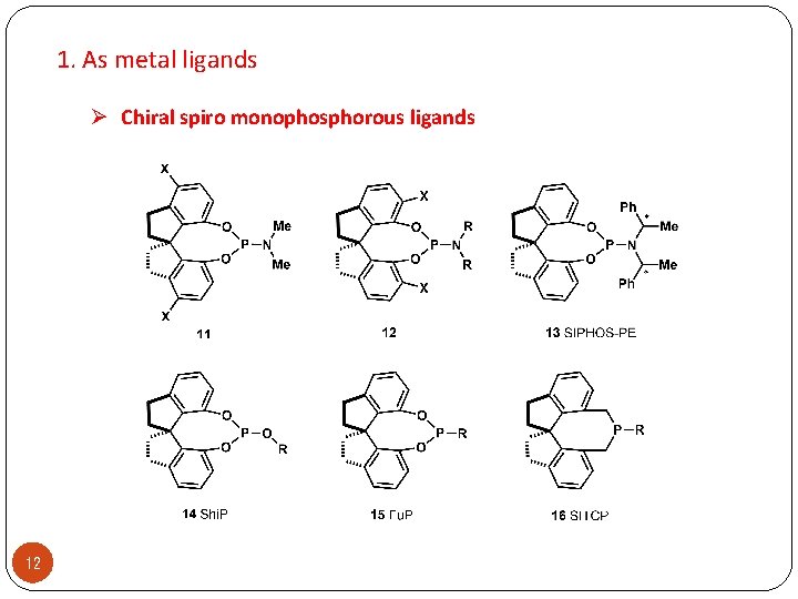 1. As metal ligands Ø Chiral spiro monophosphorous ligands 12 