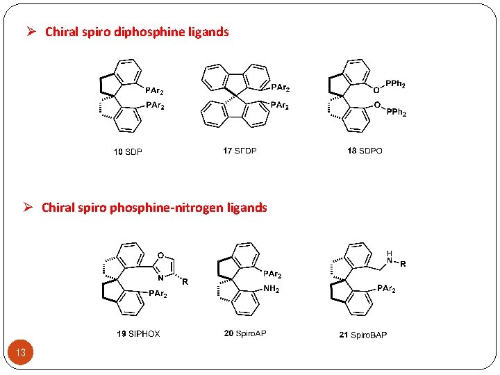 Ø Chiral spiro diphosphine ligands Ø Chiral spiro phosphine-nitrogen ligands 13 