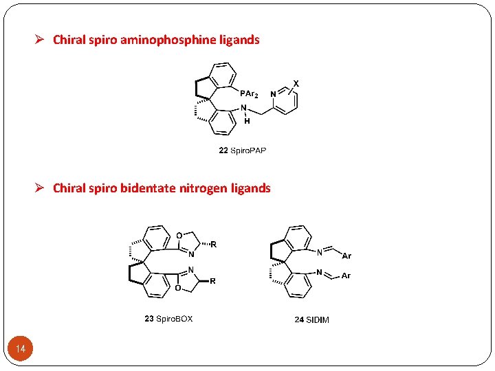 Ø Chiral spiro aminophosphine ligands Ø Chiral spiro bidentate nitrogen ligands 14 