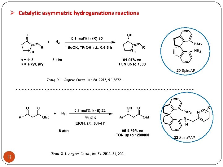 Ø Catalytic asymmetric hydrogenations reactions Zhou, Q. L. Angew. Chem. , Int. Ed. 2012,