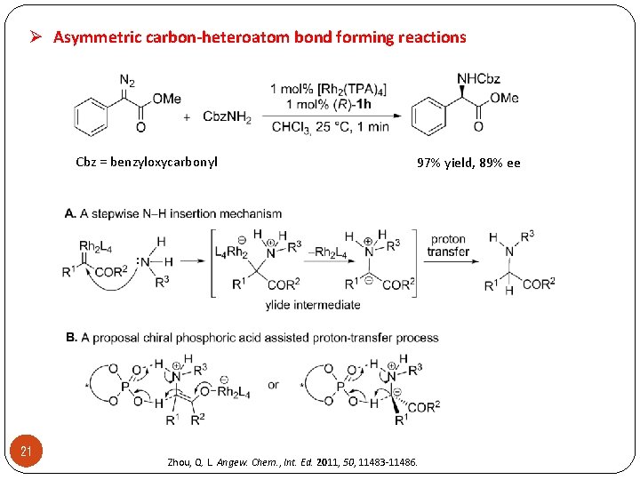 Ø Asymmetric carbon-heteroatom bond forming reactions Cbz = benzyloxycarbonyl 21 97% yield, 89% ee