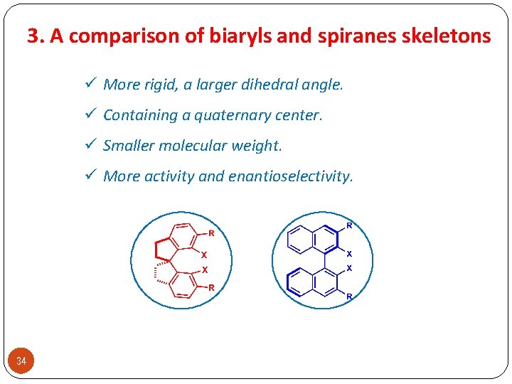 3. A comparison of biaryls and spiranes skeletons ü More rigid, a larger dihedral