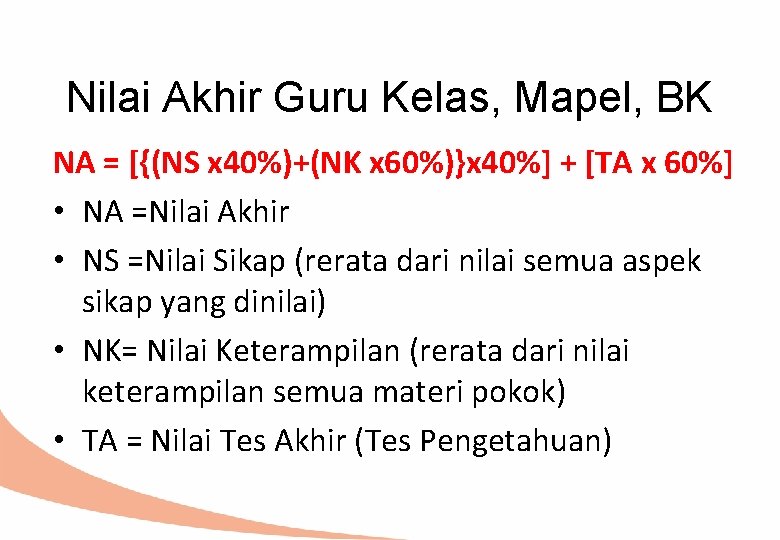 Nilai Akhir Guru Kelas, Mapel, BK NA = [{(NS x 40%)+(NK x 60%)}x 40%]