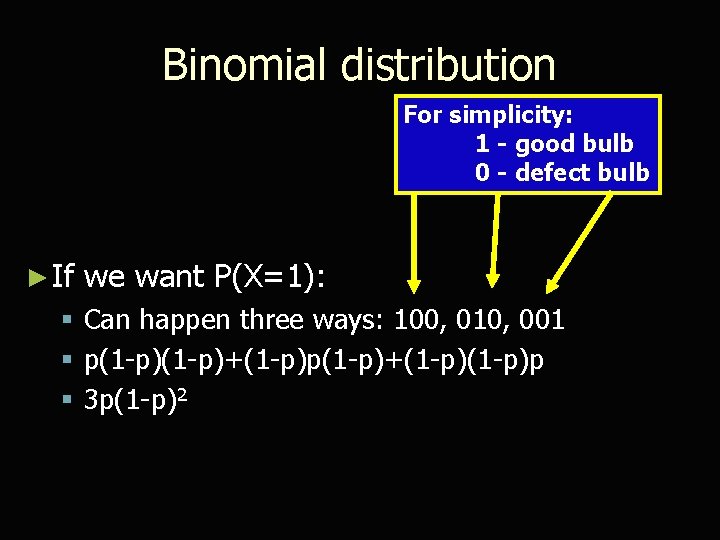 Binomial distribution For simplicity: 1 - good bulb 0 - defect bulb ► If