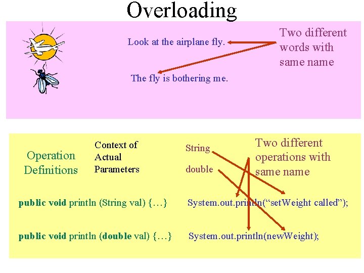 Overloading Look at the airplane fly. Two different words with same name The fly