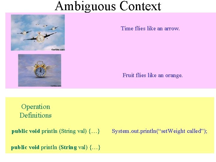 Ambiguous Context Time flies like an arrow. Fruit flies like an orange. Operation Definitions