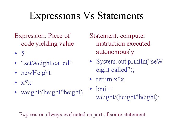 Expressions Vs Statements Expression: Piece of code yielding value • 5 • “set. Weight
