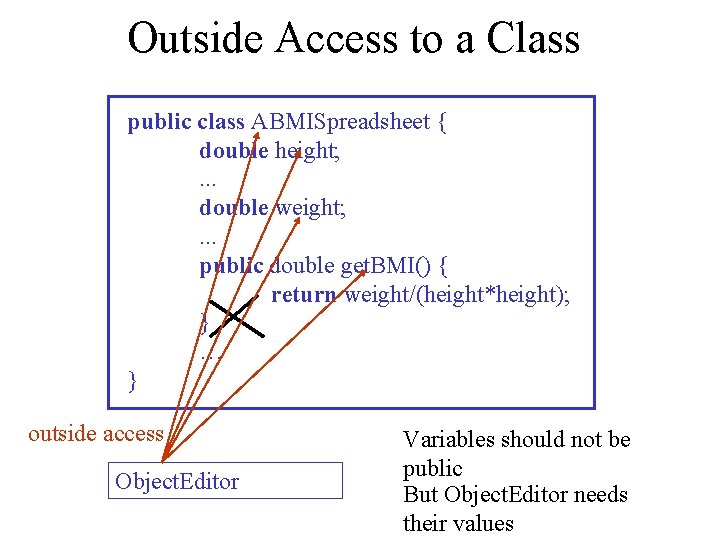 Outside Access to a Class public class ABMISpreadsheet { double height; . . .
