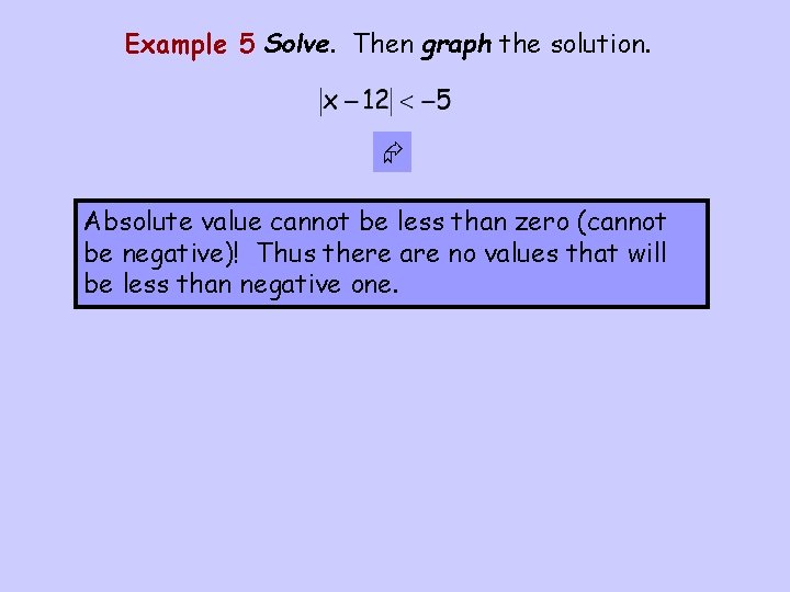 Example 5 Solve. Then graph the solution. Absolute value cannot be less than zero