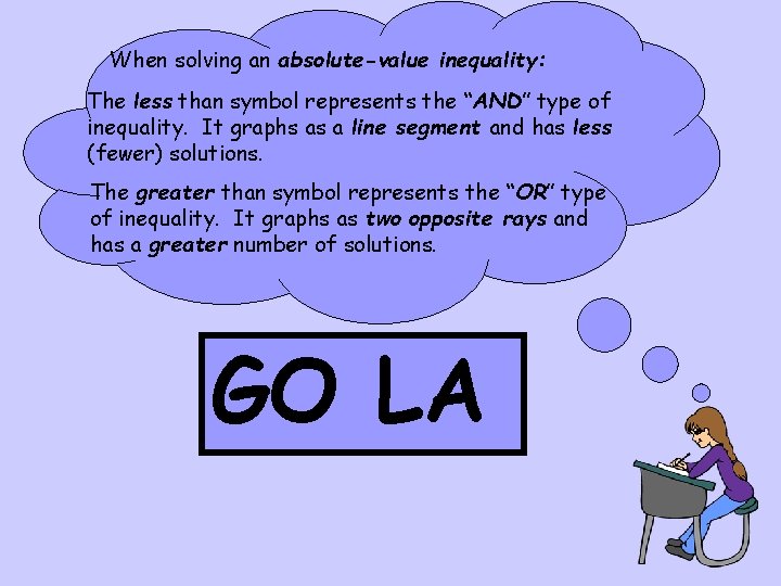 When solving an absolute-value inequality: The less than symbol represents the “AND” type of