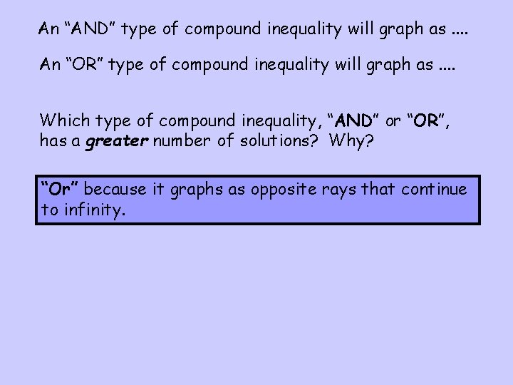 An “AND” type of compound inequality will graph as. . An “OR” type of