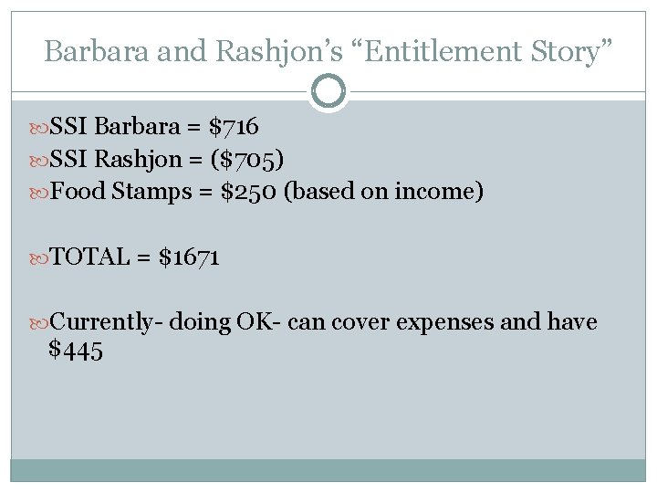 Barbara and Rashjon’s “Entitlement Story” SSI Barbara = $716 SSI Rashjon = ($705) Food