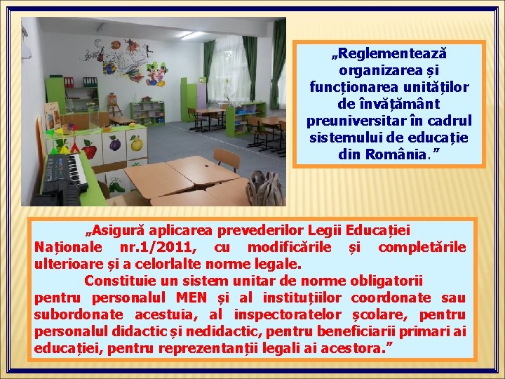 „Reglementează organizarea și funcționarea unităților de învățământ preuniversitar în cadrul sistemului de educație din