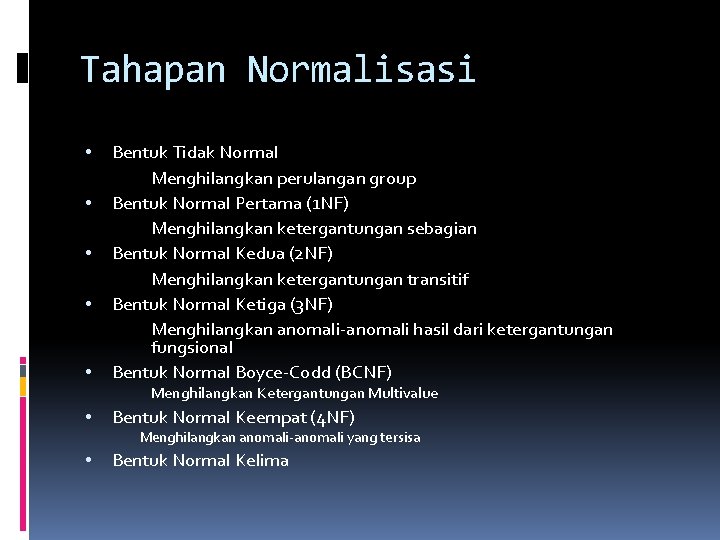 Tahapan Normalisasi • • • Bentuk Tidak Normal Menghilangkan perulangan group Bentuk Normal Pertama