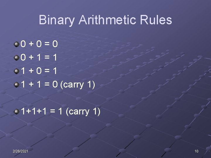 Binary Arithmetic Rules 0+0=0 0+1=1 1+0=1 1 + 1 = 0 (carry 1) 1+1+1