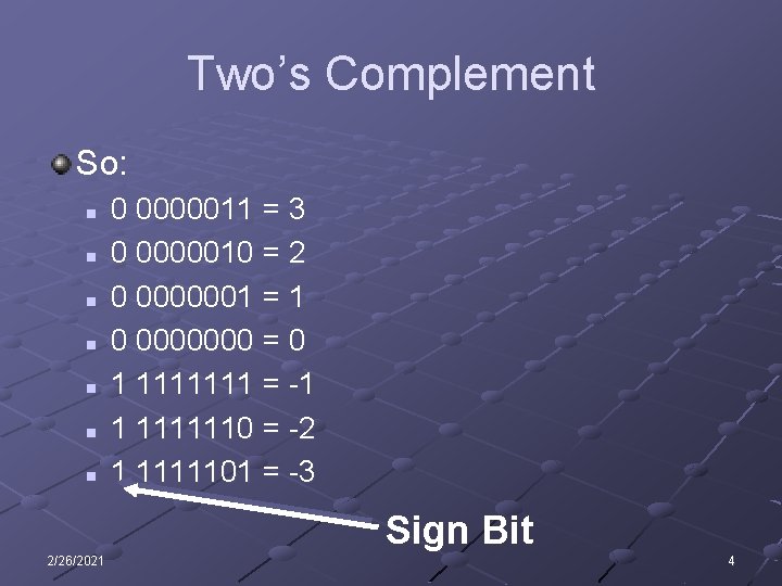 Two’s Complement So: n n n n 0 0000011 = 3 0 0000010 =