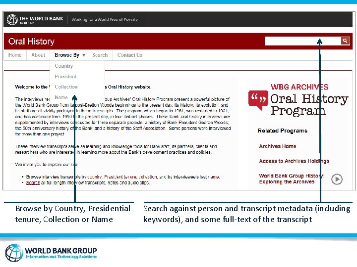Browse by Country, Presidential tenure, Collection or Name Search against person and transcript metadata