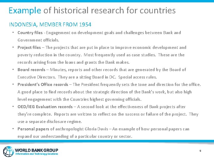 Example of historical research for countries INDONESIA, MEMBER FROM 1954 • Country files -